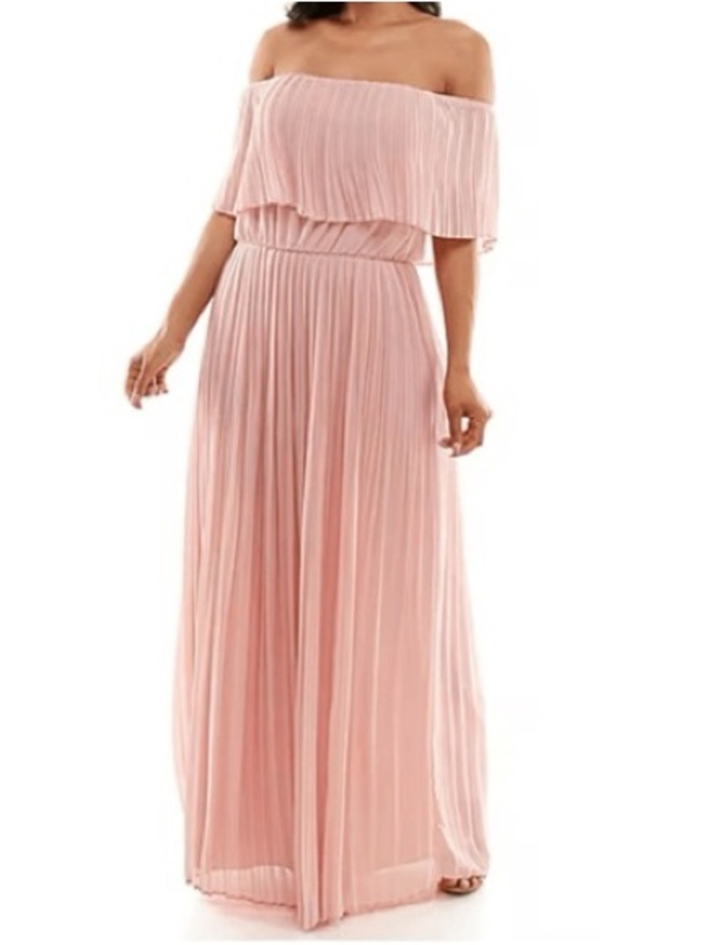 Premier Amour blush pink off-the-shoulder flowy pleated maxi dress